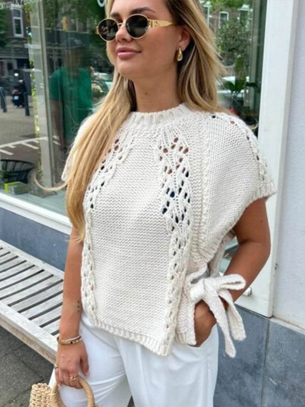 TAVIMART  -  Women's Knitted Hollow Out O Neck Sweater Casual White Lace Up Short Sleeve Female Blouse 2024 New Fashion Summer Streetwear Top