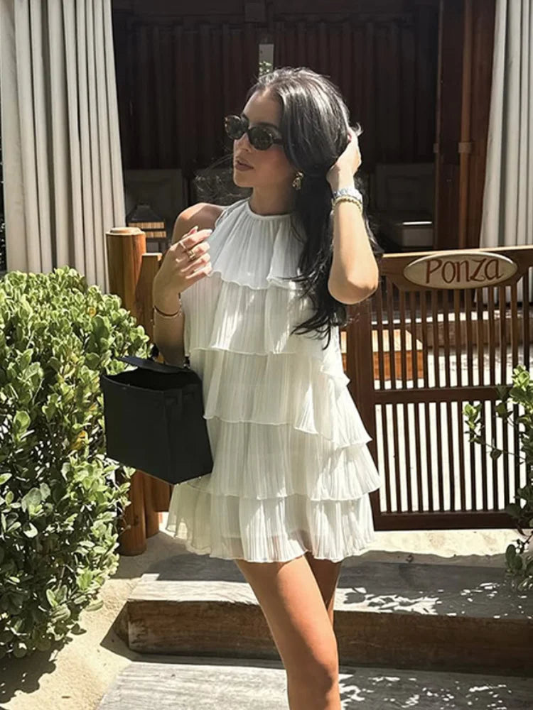 TAVIMART - Women White Stacked Ruffle Mini Dress Elegant O-neck Sleeve ...