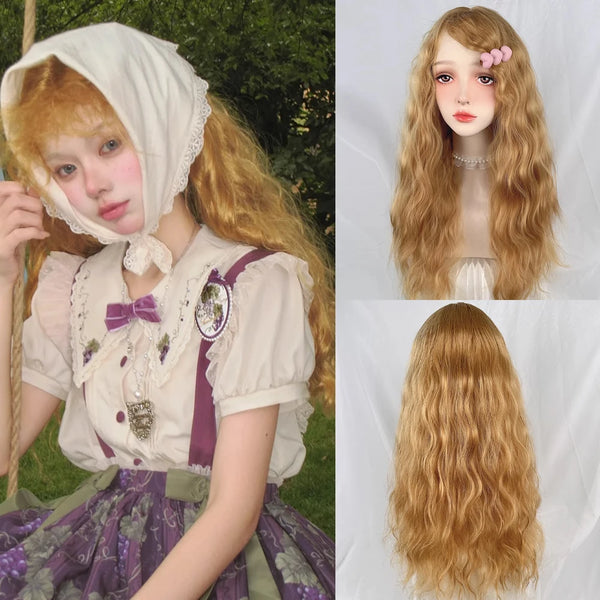 TAVIMART  -  Synthetic Long Wavy Curly Blonde Brown Wig with Bangs Lolita Cosplay Fluffy Women Hair Wig for Daily Party