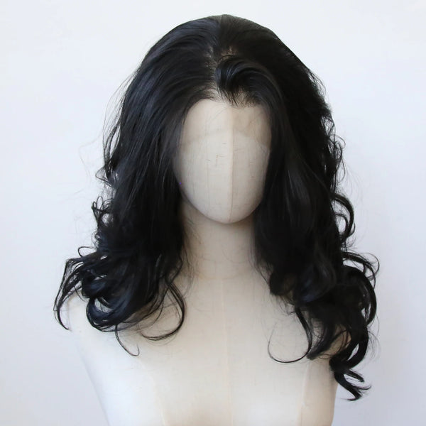 TAVIMART  -  Natural Black Shrot Bob Wavy Synthetic Lace Front Wig Jet Black Lace Front Synthetic Wig Pre Plucked Heat Resistant Hair Wig