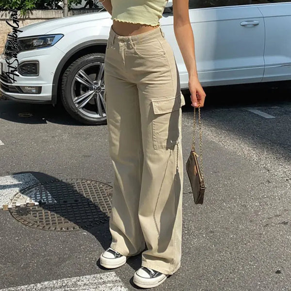 TAVIMART  -  Y2k Cargo Pants Baggy Wide Leg Trousers Women Streetwear Fashion Apricot Straight Jeans Pocket Loose High Waisted Jeans Trousers