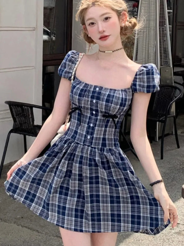 TAVIMART  -  Y2K Plaid Short Dresses for Women Princess Birthday Party Dress Puff Sleeve Square Collar Bow Prom Summer Mini Vestidos Mujer