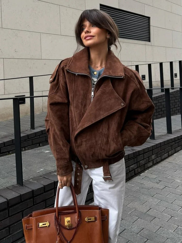 TAVIMART  -  Fashion Brown Maillard Lapel Suede Leather Jackets For Women Casual Long Sleeve Zipper Pockets Coats Lady High Streetwear