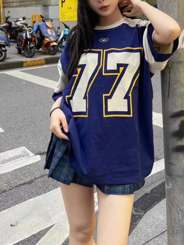 TAVIMART  -  Blue Sports Oversized T Shirt Women Patchwork Raglan Short Sleeve Casual Tops American Football Summer Hip Hop Tshirts