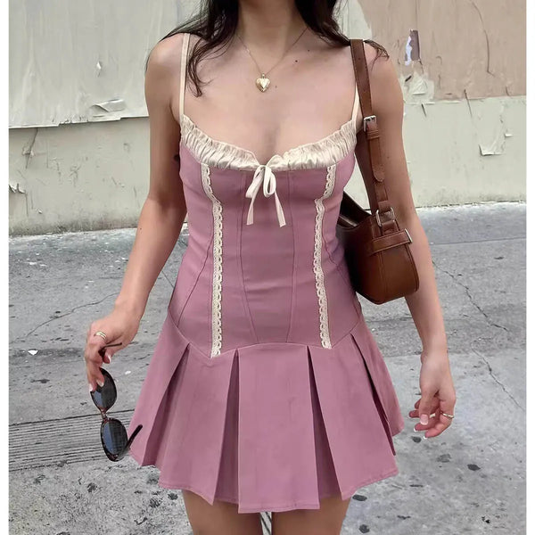 TAVIMART  -  Boho Inspired MINI DRESS pink cotton summer dresses straps ruffled hem cute slim fit women dress new hot girl party dress