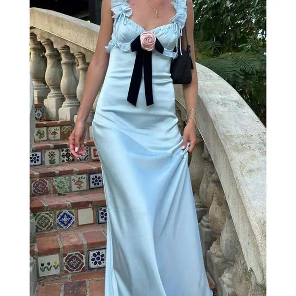 TAVIMART  -  Boho Inspired maxi dress blue Ruffled chiffon straps velvet bow sexy party dresses new blackess summer dress elegant female