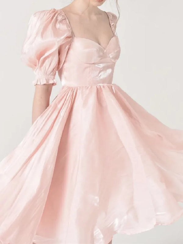 TAVIMART  -  Women Swing Midi Robe Fairy Cake Vestidos Sweet Summer Pink Bright Organza Ball Gown Dress Square Collar Puff Sleeve Retro