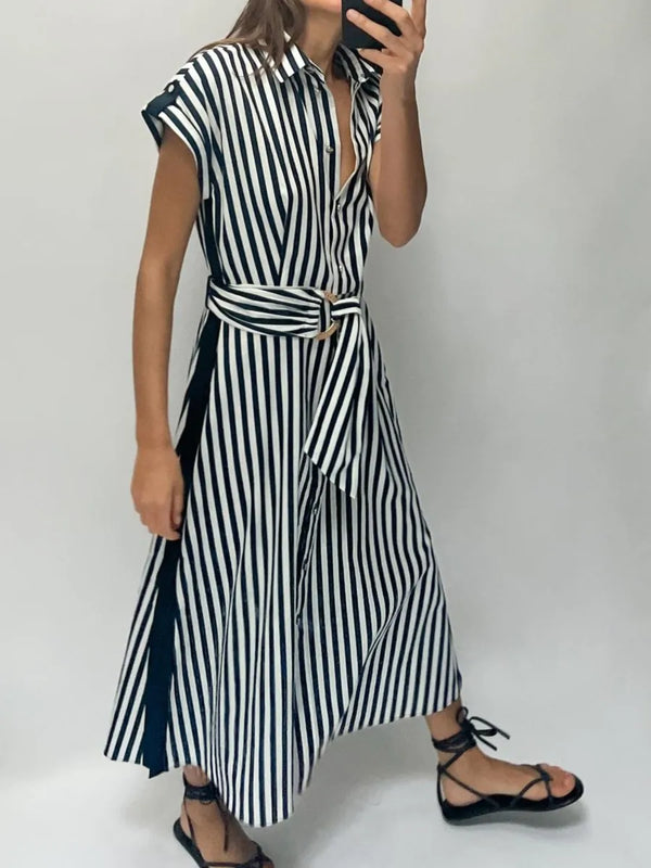 New Striped Elegant Long Dress Women Single Breasted Lace-up Short Sleeve Midi Dresses 2024 Summer Casual Fashion Lady Vestidos