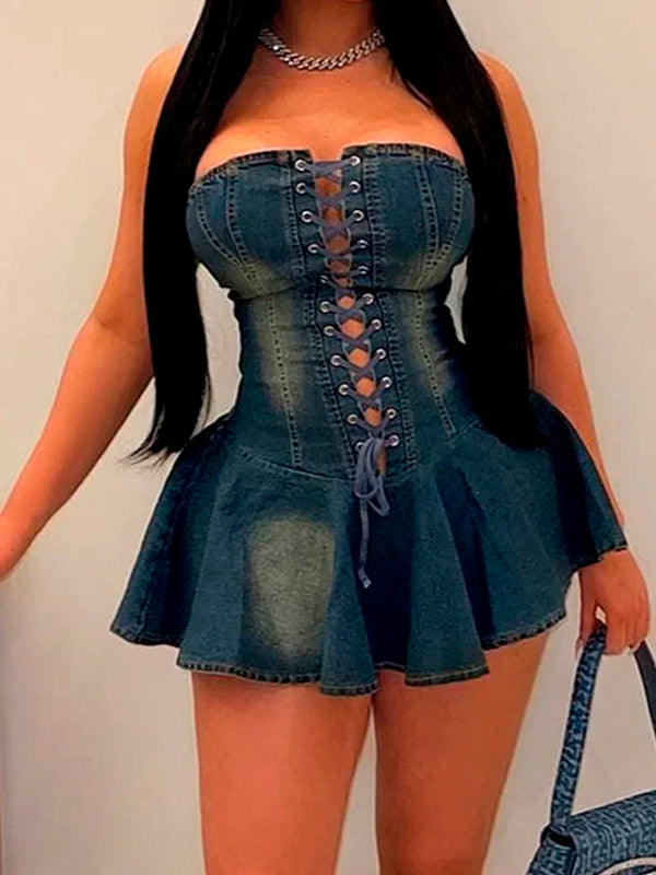 TAVIMART  -  Sexy Backless Lace-Up Bandage Women Denim Dress Autumn Fashion Off Shoulder Strapless Ruffles Blue Jeans Club Party Dresses