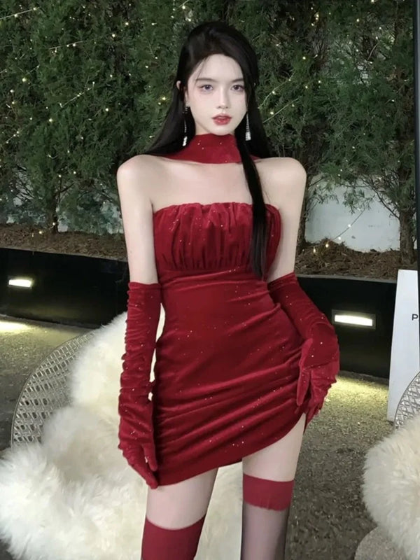 TAVIMART  -  Sexy Bodycon Velvet Mini Dresses for Women Strapless Slim Waist Birthday Party Evening Dress Korean Fashion One Piece Vestidos