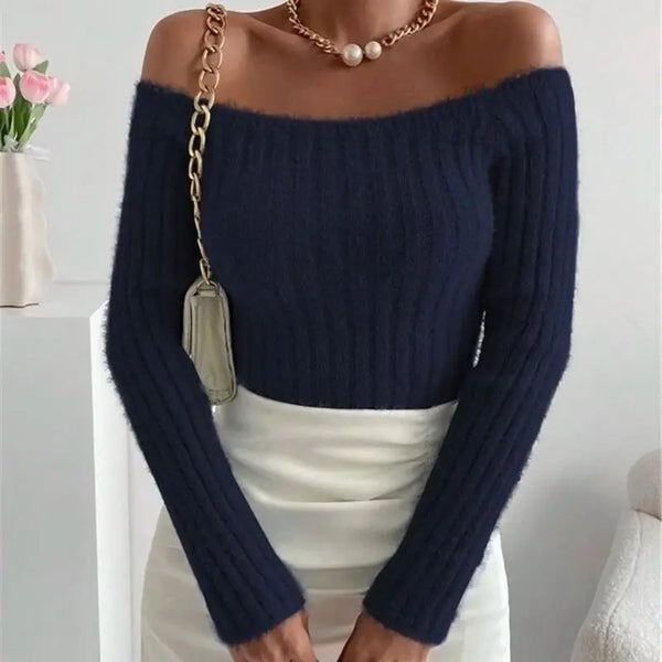 TAVIMART  -  New Autumn-winter Sweater Autumn Knitted Bottom Exposed Shoulder Short Style Long-sleeved Slim Sweater Blouse