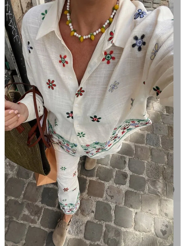 TAVIMART  -  Holiday Embroidery Floral Shirts Women Blouses Suit Tops Two Piece Sets with Button 2024 Summer Vintage Elegant Woman Pant Suit