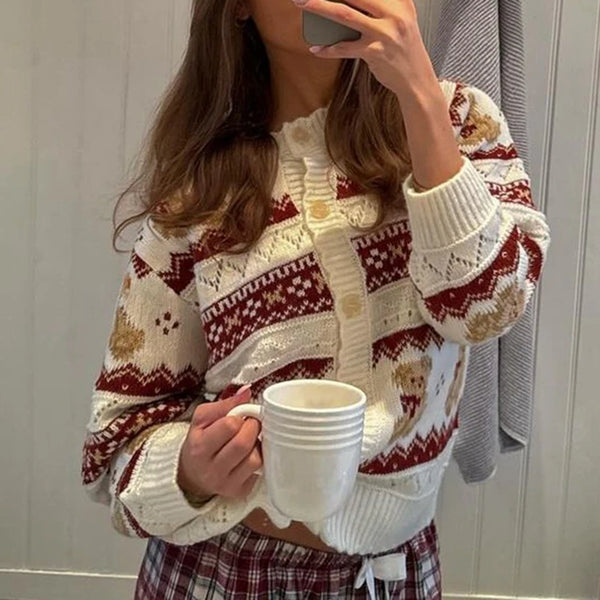 TAVIMART  -  Christmas Bear Print Cardigan Autumn Long Sleeve Drop Shoulder Button Down Sweater Women Y2k Vintage Knitted Jacket Coats Tops