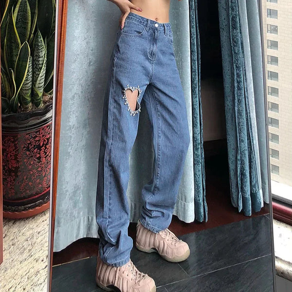 TAVIMART  -  Female Mom Jeans High Waist Women Blue Heart Hole Diamond Denim Trousers Straight Leg Baggy Ripped Pants Streetwear Jeans