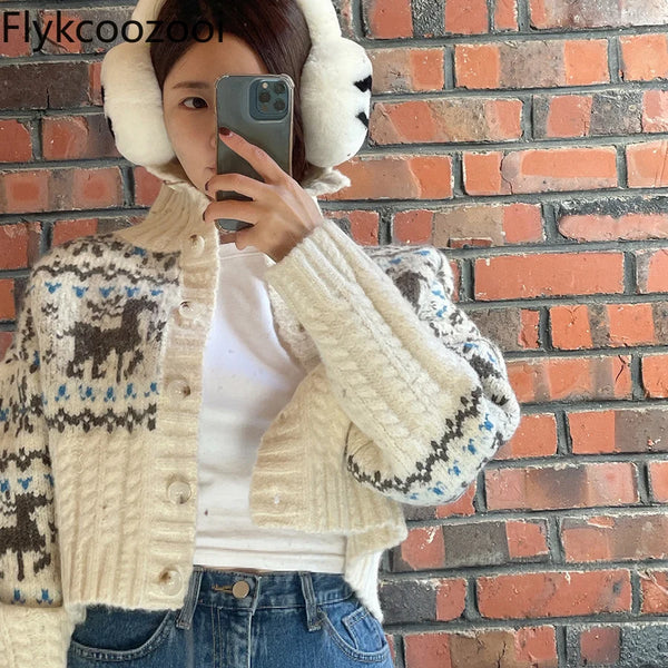 TAVIMART  -  Retro Gentle Style Stand Collar Single Breasted Christmas Knitted Top Elk Jacquard Long Sleeve Sweater Jacket Cropped Cardigan