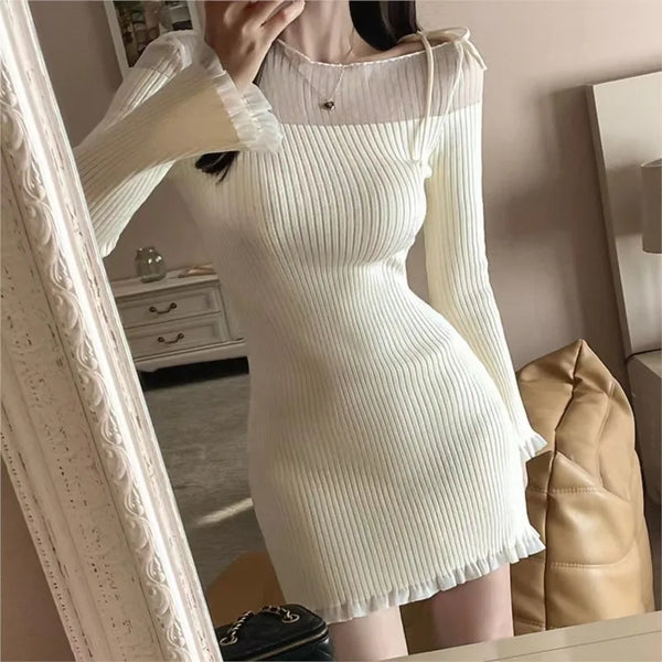 TAVIMART  -  Sexy Chic Bodycon Knitted Mini Dresses for Women Mesh Patchwork Slim Casual Party Dress Solid Korean Fashion Autumn New Vestidos