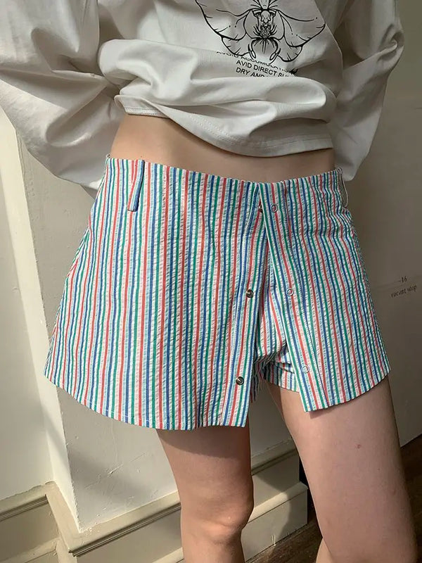 TAVIMART  -  Summer Thin Striped Rainbow Loose Shorts Skirts for Women New Retro Straight Casual Pants Trend High Waist Shorts Women Clothing