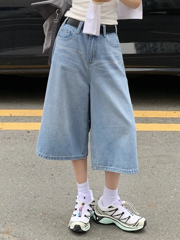 TAVIMART  -  New Light Blue Calf-length Jeans Women Vintage High Waist Wide Leg Denim Pants Summer 2024