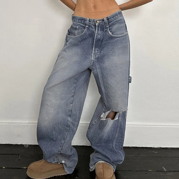 TAVIMART  -  Retro Street Style Wide Leg Jeans Women Bleached Ripped Hole Loose Denim Pants Casual Do Old Oversized Trousers Pockets