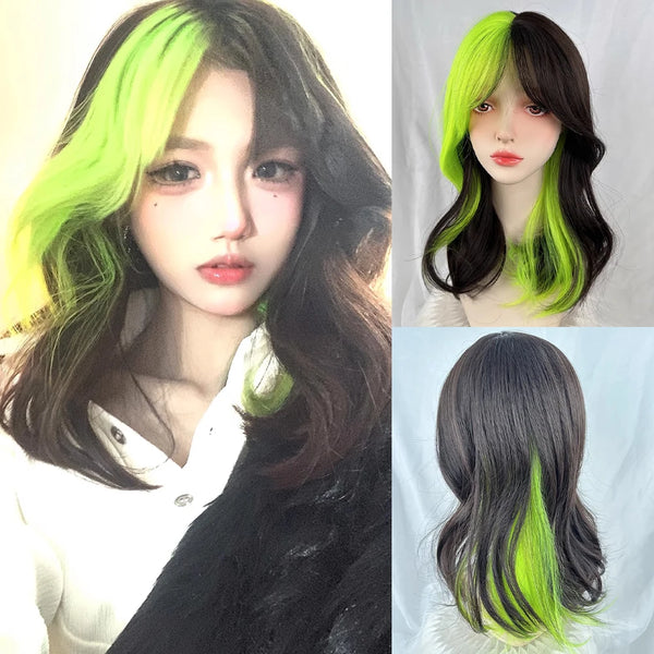 TAVIMART  -  Ombre Black Green Highlights Wavy Synthetic Wig with Bangs Fluffy Women Wig Hair Wig for Daily Party