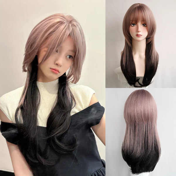 TAVIMART  -  Jellyfish Head Synthetic Long Straight Ombre Purple Grey Black Wig with Bangs Lolita Cosplay Fluffy Hair Wig for Daily Party