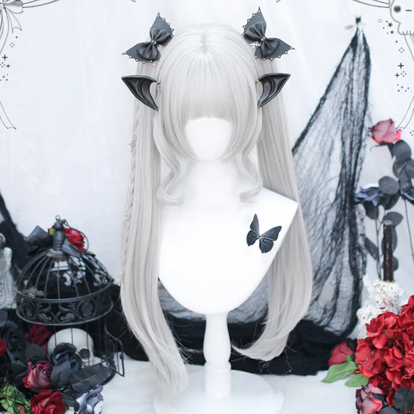 TAVIMART  -  Silver and white double ponytail long straight hair ladies cosplay Lolita wig heat-resistant wig synthetic wig