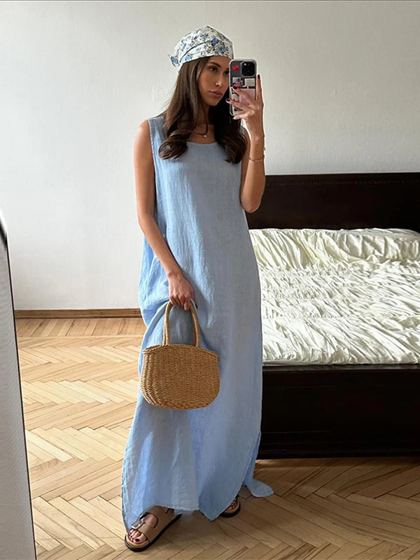 TAVIMART  -  Women Casual Solid Loose Cotton Linen Maxi Dress Elegant O-neck Sleeveless Split Dresses 2024 Summer Female Street Robes