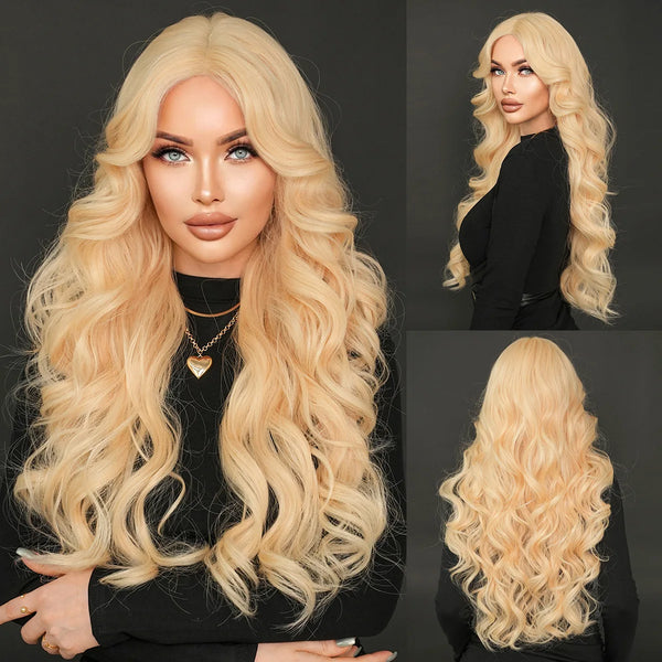 TAVIMART  -  Blonde Front Lace Wig for Women, Synthetic Long Curly Hair, Big Waves, Middle Parting, Glueless Lace Hair Cover for Cosplay