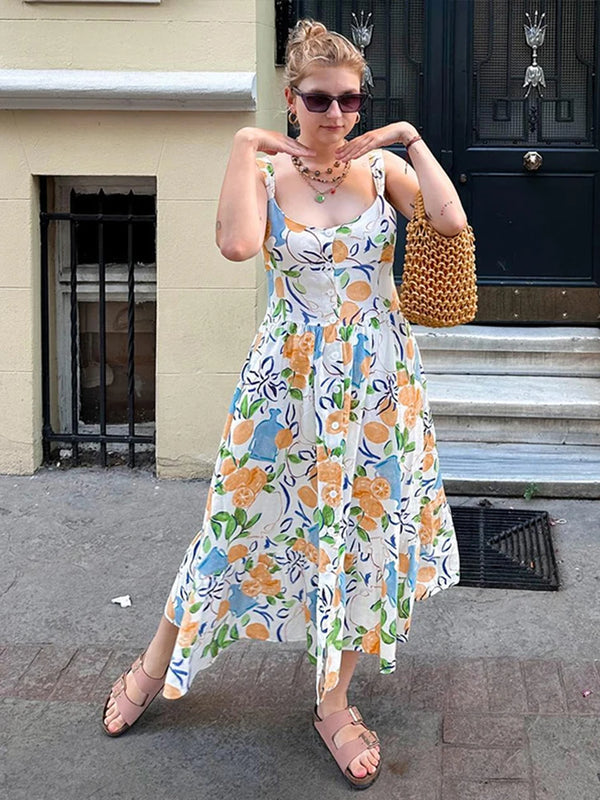 TAVIMART  -  Elegant Flower Print Midi Dresses Women Off Shoulder Sleeveless Backless Lady Long Dress 2024 Summer Fashion Sexy Party Dresses