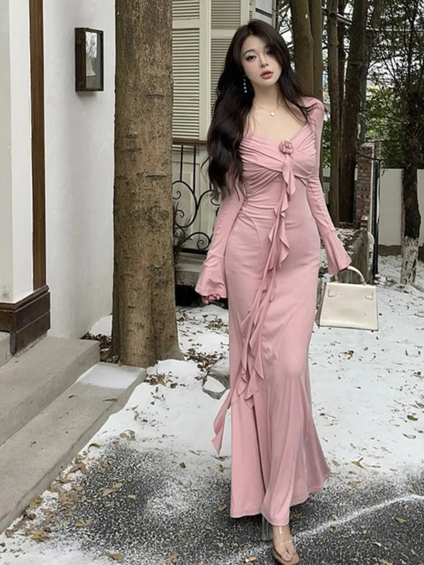 TAVIMART  -  Fashion Sweet Pink Ribbon Fishtail Long Dresses For Women Elegant Ruffle Sexy V-neck Skinny Party Vacation Dress Robe Vestido