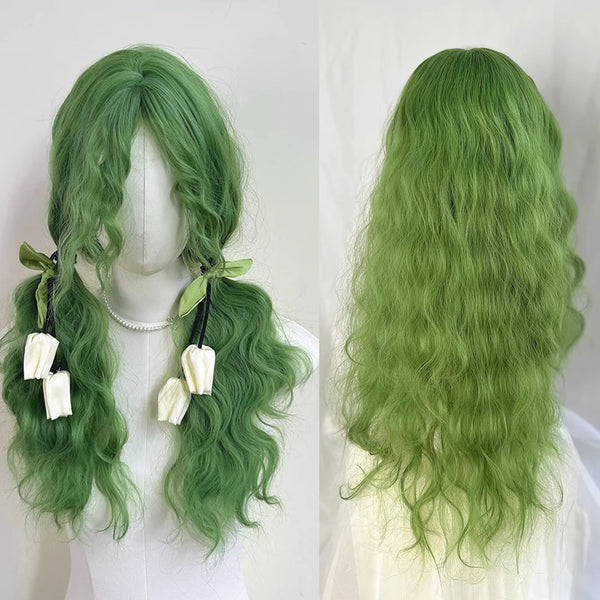 TAVIMART  -  Long Wavy Curly Synthetic Green Wig Middle Part Lolita Cosplay Fluffy Women Heat Resistant Wig for Daily Party