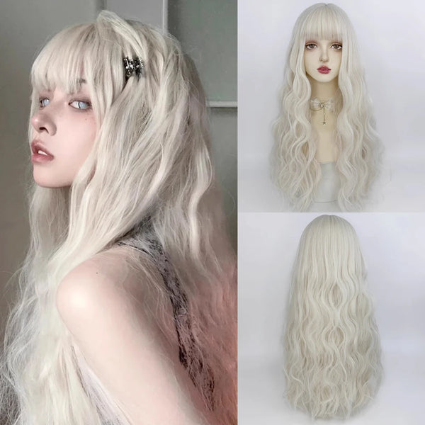 TAVIMART  -  White Long Wavy Curly Hairstyle Wig with Bangs Synthetic Women Natural Lolita Cosplay Hair Wig for Daily Party