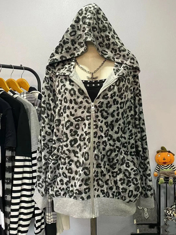 TAVIMART  -  Leopard Print Hooded Sweatshirt American Retro Hot Girl Hoodies Streetwear Harajuku Gothic Y2K Womens Long Sleeve Zipper Hoodies