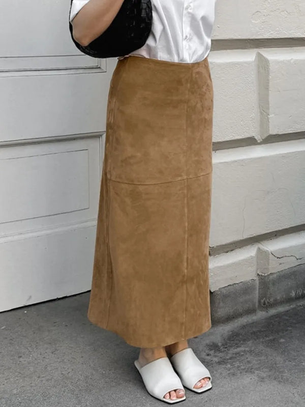 TAVIMART  -  Autumn Retro Fashion Velvet Long Skirt Khaki Slim Straight Winter Women Skirt Zipper Solid Color Elegant Streetwear Skirt