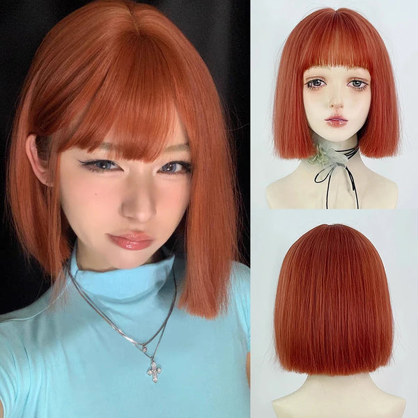 TAVIMART  -  Bob Orange Synthetic Short Straight Women Wig with Bangs Fluffy Lolita Cosplay Heat Resistant Hair Wig for Daily Party