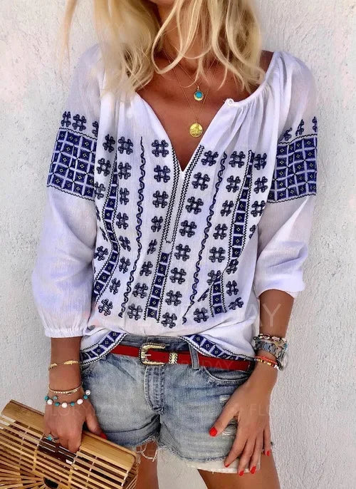 TAVIMART  -  White Bohemia Tops Cotton Embroidery 2024 Autumn Blouse Shirt Women Casaul Loose V Neck Boho Pullover Camisas Mujer