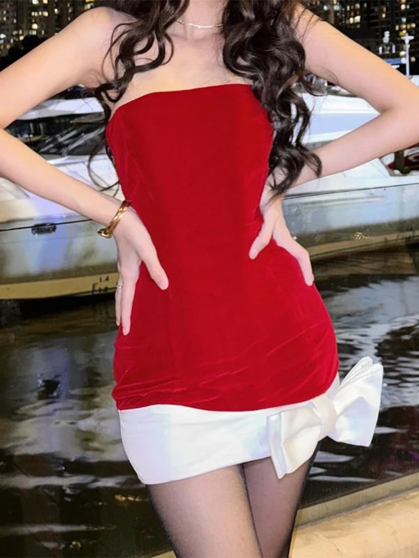 TAVIMART  -  Women's Christmas Red Bow Dress Vintage Sleeveless Off Shoulder Mini Dresses Y2k Elegant One Piece Frocks 2000s Coquette Clothes