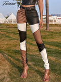 All Season Women’s Trend Leg Slant Pocket Colorblock Patchwork No Trace Show Figure Pu Leather