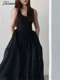 Black Long Tank Dress Women Spring Summer O Neck Floor - Length Office Lady Casual Pockets Dresses