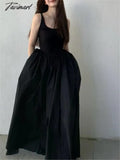 Black Long Tank Dress Women Spring Summer O Neck Floor - Length Office Lady Casual Pockets Dresses