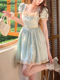 Blue Lace France Elegant Dress Women Puff Sleeve Evening Party Mini Female Japanese Bow Sweet