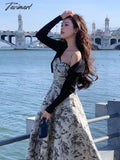 Casual Elegant Floral Strap Dress French Vintage Midi Women Party Even Office Lady Slim One Piece