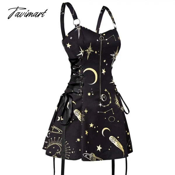 Celestial Sun Moon Print Lace Up Mini Dress Summer Gothic Women Square Neck Witchcore Vestidos