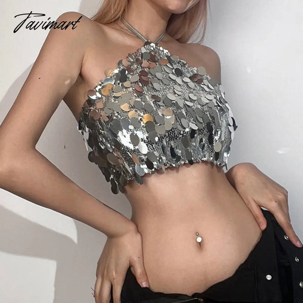 Crop Tops Woman Silver Sequin Matte Trendy Design Sexy Hot Avant - Garde High Street Personality