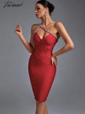 Crystal Bandage Dress Women Red Bodycon Evening Party Elegant Sexy Halter Neck Midi Birthday Club