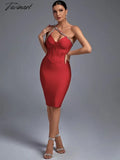 Crystal Bandage Dress Women Red Bodycon Evening Party Elegant Sexy Halter Neck Midi Birthday Club