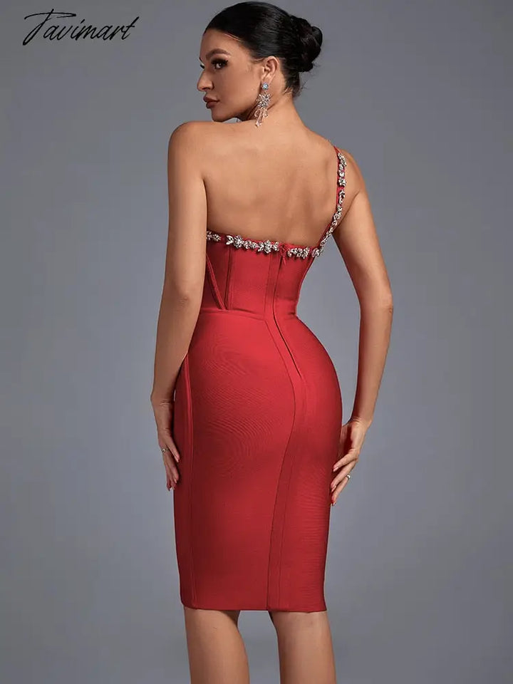 Crystal Bandage Dress Women Red Bodycon Evening Party Elegant Sexy Halter Neck Midi Birthday Club