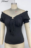 Daily Cute Short Sleeve Solid Color T - Shirt Ruffles Bowknot Ruched Empire Waist Scoop Neck Y2K
