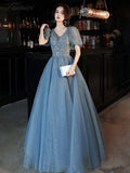 Elegant Bling Blue Evening Dresses Women A - Line Sexy V - Neck Puff Sleeve Bandage Cocktail Party