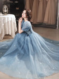 Elegant Bling Blue Evening Dresses Women A - Line Sexy V - Neck Puff Sleeve Bandage Cocktail Party